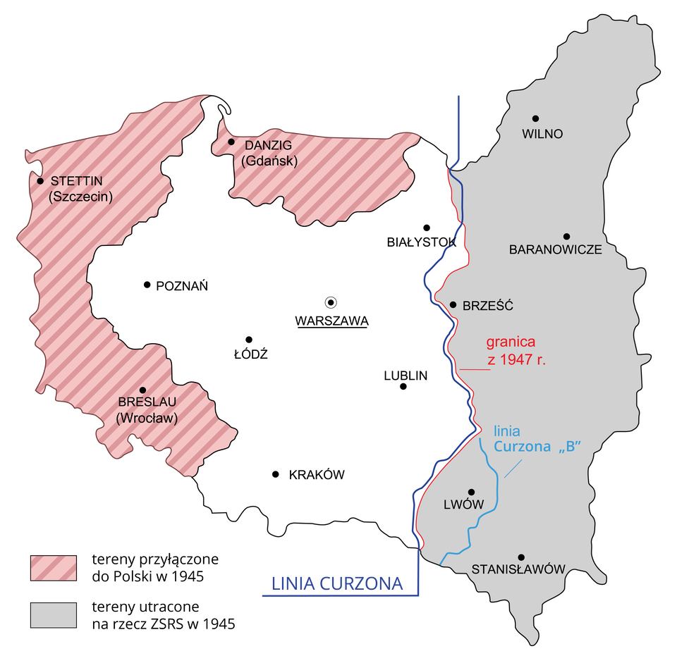 Ilustracja przedstawia mapę Polski, na której widać przyłączone do niej zachodnie ziemie w 1945 roku z zaznaczonymi miastami: Wrocław, Szczecin i Gdańsk. Po stronie wschodniej widać utracone na rzecz ZSSR w 1945 roku ziemie oddzielone linią Curzona. Na tych terenach zaznaczono miasta: Wilno, Brześć, Baranowicze, Lwów i Stanisławów. W części centralnej widoczny jest obszar Polski w z miastami: Warszawa, Łódź, Poznań, Lublin, Kraków, Białystok. 