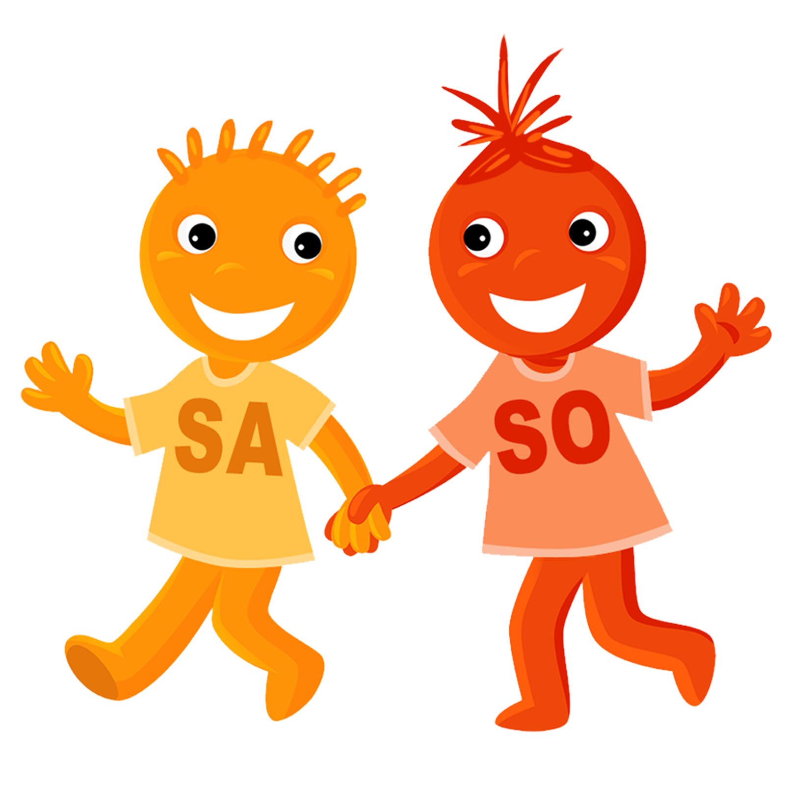 Ilustracja przedstawia dwa ludziki trzymające się za ręce. Mają na sobie koszulki z napisami: SA, SO.