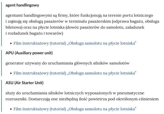 Zrzut ekranu przedstawia pojęcie ze Słownika. Konstrukcja jest następująca: pojęcie, poniżej jego wyjaśnienie, a pod nim znajduje się link, po którego kliknięciu użytkownik przenosi się do rozdziału w tym materiale, w którym dane pojęcie jest wykorzystywane. Linków może być jeden lub kilka, w zależności od tego, w ilu rozdziałach użyto pojęcia.