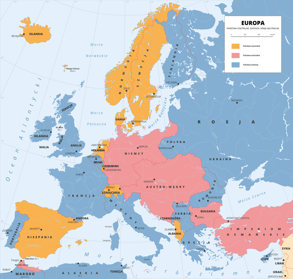 Mapa przedstawia Europę z podziałem na państwa centralne, ententę i kraje neutralne. Państwa neutralne to: Islandia, Hiszpania, Norwegia, Szwecja, Holandia, Luksemburg, Dania, Szwajcaria, Albania. Państwa centralne to: Niemcy, Austro‑Węgry, Bułgaria, Imperium Osmańskie, Maroko Hiszpańskie. Państwa ententy to: Irlandia, Anglia, Walia, Szkocja, Rosja, Polska, Finlandia, Francja, Portugalia, Maroko, Algieria, Tunezja, Włochy, Ukraina, Rumunia, Serbia, Czarnogóra, Grecja, Cypr.
