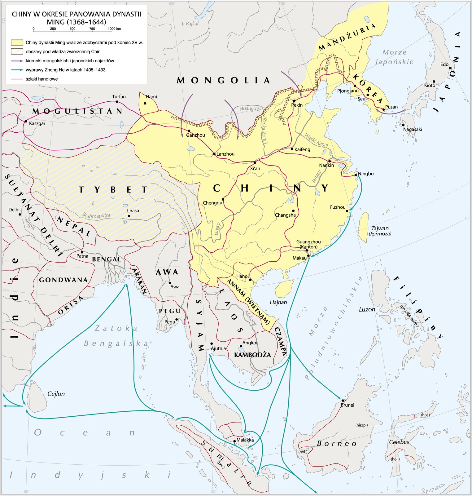 Kliknij, aby powiększyć. Na ilustracji mapa Chin w okresie panowania dynastii Ming.