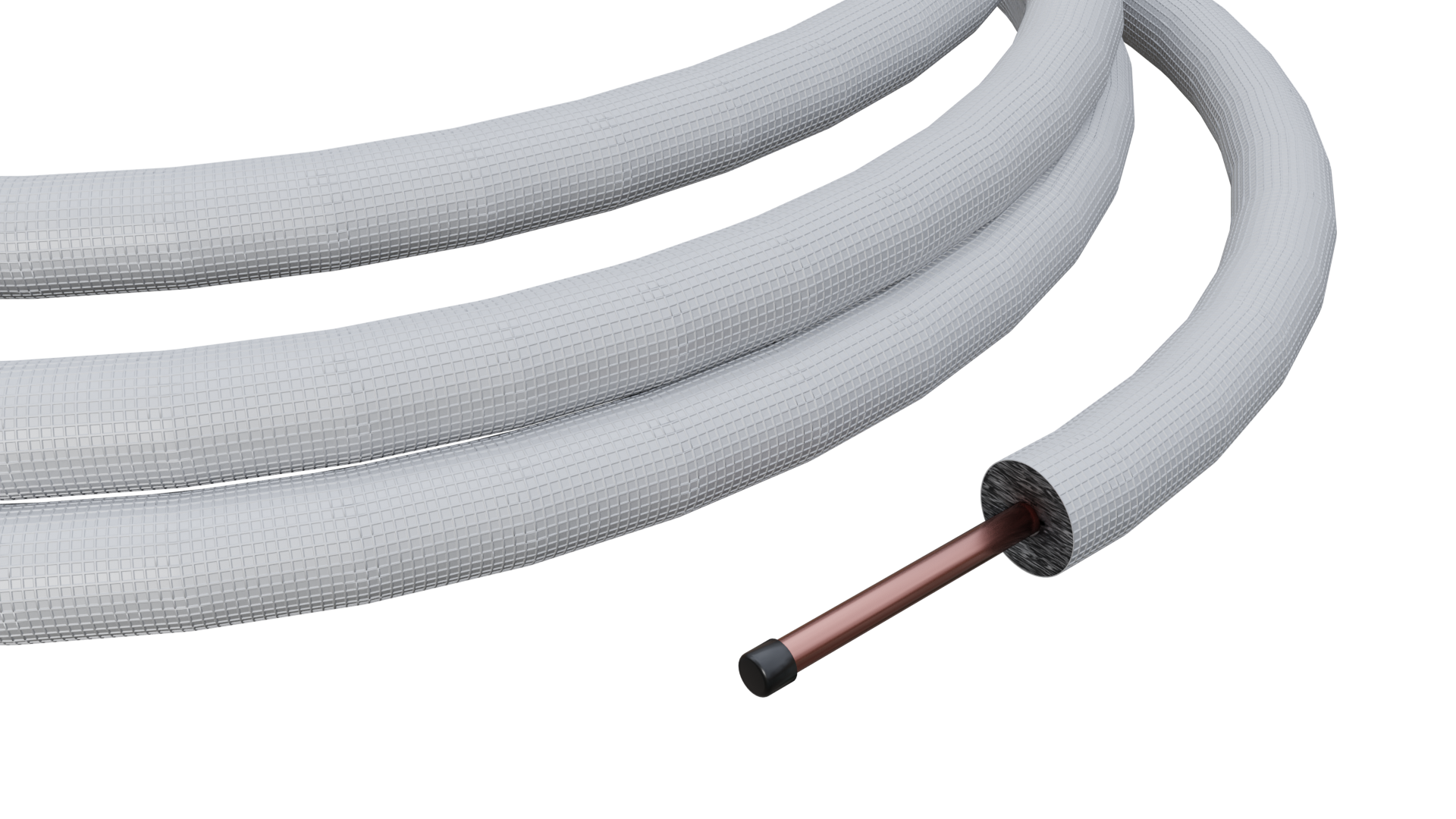 Grafika przedstawia zwój rurki miedzianej. Miedziany rdzeń otoczony jest warstwą izolacyjną elastycznej otuliny koloru białego. 