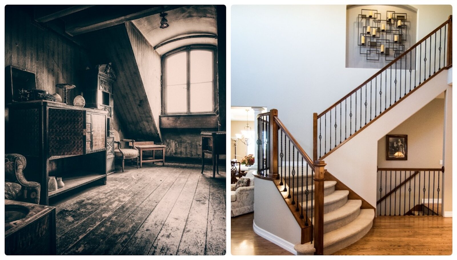 Ilustracja składa się z dwóch zdjęć. Znajdują się na nich: poddasze oraz schody.