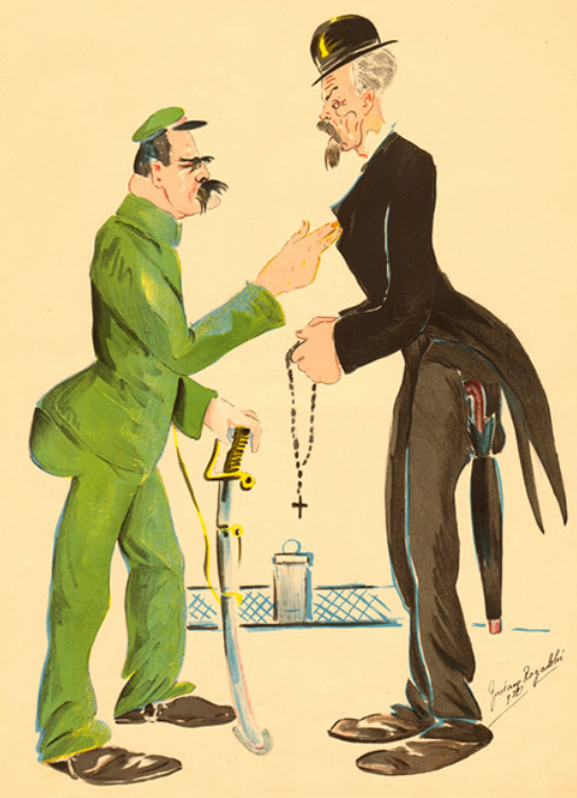 Ilustracja przedstawia dwóch mężczyzn. Po lewej stronie stoi Piłsudski. Ma zielony mundur oraz trzyma szablę. Po prawej stronie stoi Wojciechowski. Jest znacznie wyższy od Piłsudskiego. Ubrany jest w elegancki surdut. W ręku trzyma różaniec. Mężczyźni stoją naprzeciwko siebie w niewielkiej odległości. Znajdują się na moście. Piłsudski łapie Wojciechowskiego za frak.