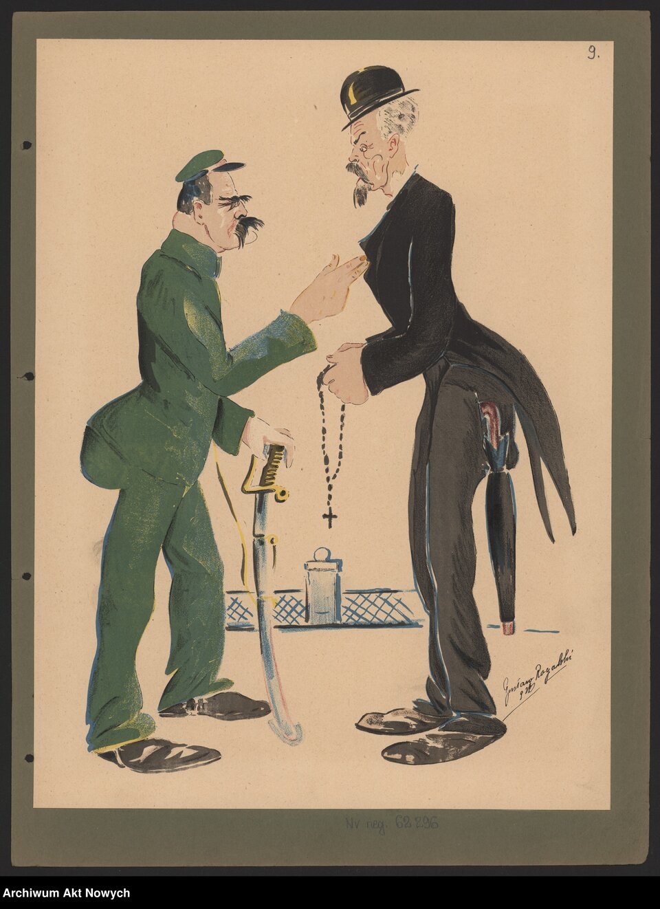 Ilustracja przedstawia dwóch mężczyzn. Po lewej stronie stoi Piłsudski. Ma zielony mundur oraz trzyma szablę. Po prawej stronie stoi Wojciechowski. Jest znacznie wyższy od Piłsudskiego. Ubrany jest w elegancki surdut. W ręku trzyma różaniec. Mężczyźni stoją naprzeciwko siebie w niewielkiej odległości. Znajdują się na moście. Piłsudski łapie Wojciechowskiego za frak.