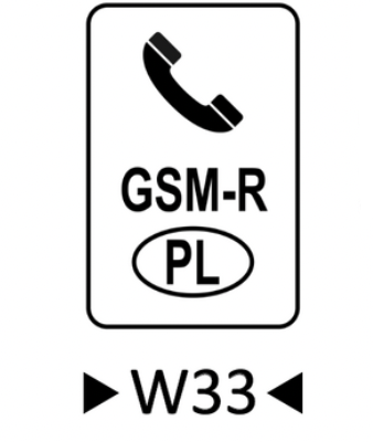Wskaźnik wu trzydzieści trzy. Biała prostokątna tablica z czarną obwódką na której znajduję się czarny znak graficzny słuchawki telefonicznej, a pod słuchawką kolejno dwa napisy gie es em myślnik er oraz czarny napis pe el, znajdujący się w elipsie z czarnym obramowaniem.