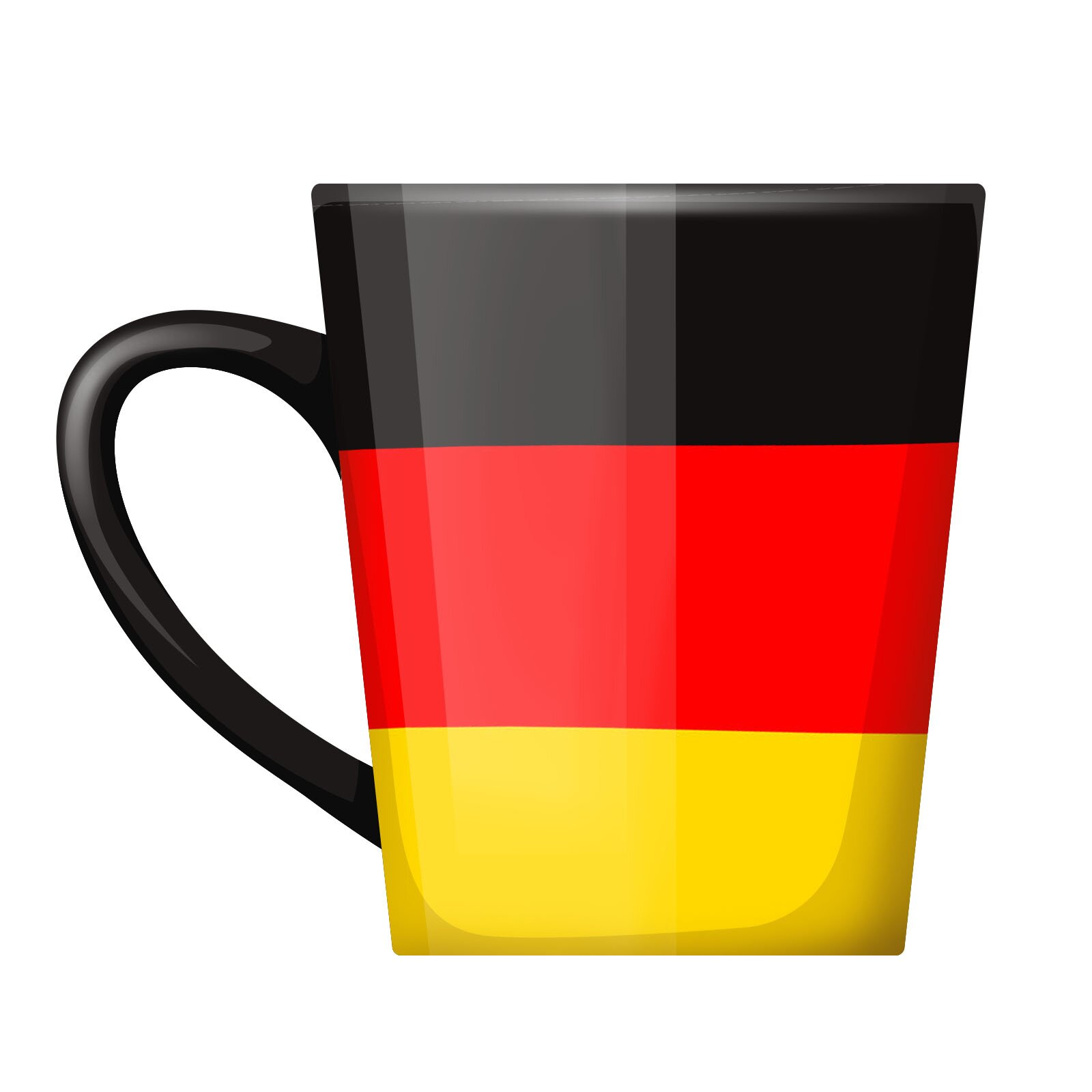 Ilustracja przedstawia kubek w kolorach czarnym, czerwonym i żółtym. 