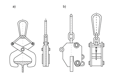 Rysunek przedstawia dwa rodzaje uchwytów montażowych z przodu i z profilu. Są to: uchwyt do przenoszenia dwuteowników i samozaciskowy uchwyt do przenoszenia blach w pionie.