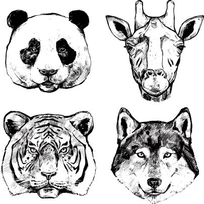 Grafika przedstawia przykładową grafikę wektorową. Grafika jest czarno- biała, widoczne są cztery głowy zwierząt: od lewej u góry panda, koza, wilk, tygrys.