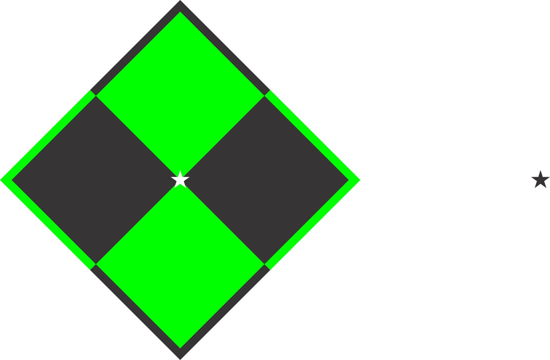 Ilustracja przedstawia szaro‑zieloną szachownicę na białym tle. W środku, gdzie kolorowe płaszczyzny łączą się ze sobą, widoczna jest biała gwiazdka. Z prawej strony fotografii znajduje się szara gwiazdka.