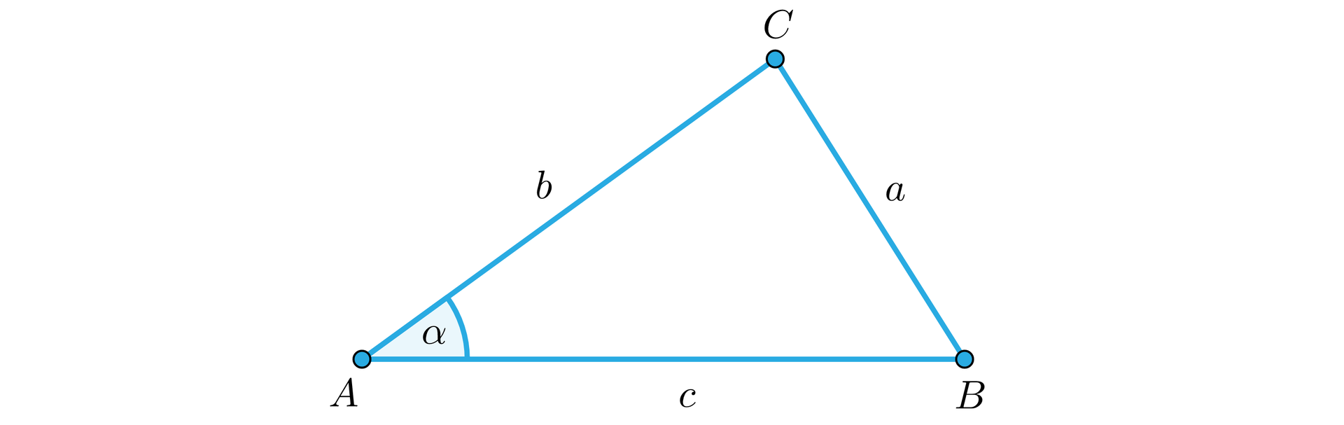 Na ilustracji przedstawiono różnoboczny trójkąt ABC. Bok BC oznaczono literą a, bok AC oznaczono literą b, oraz bok AB oznaczono literą c. ∠CAB oznaczono alfa.