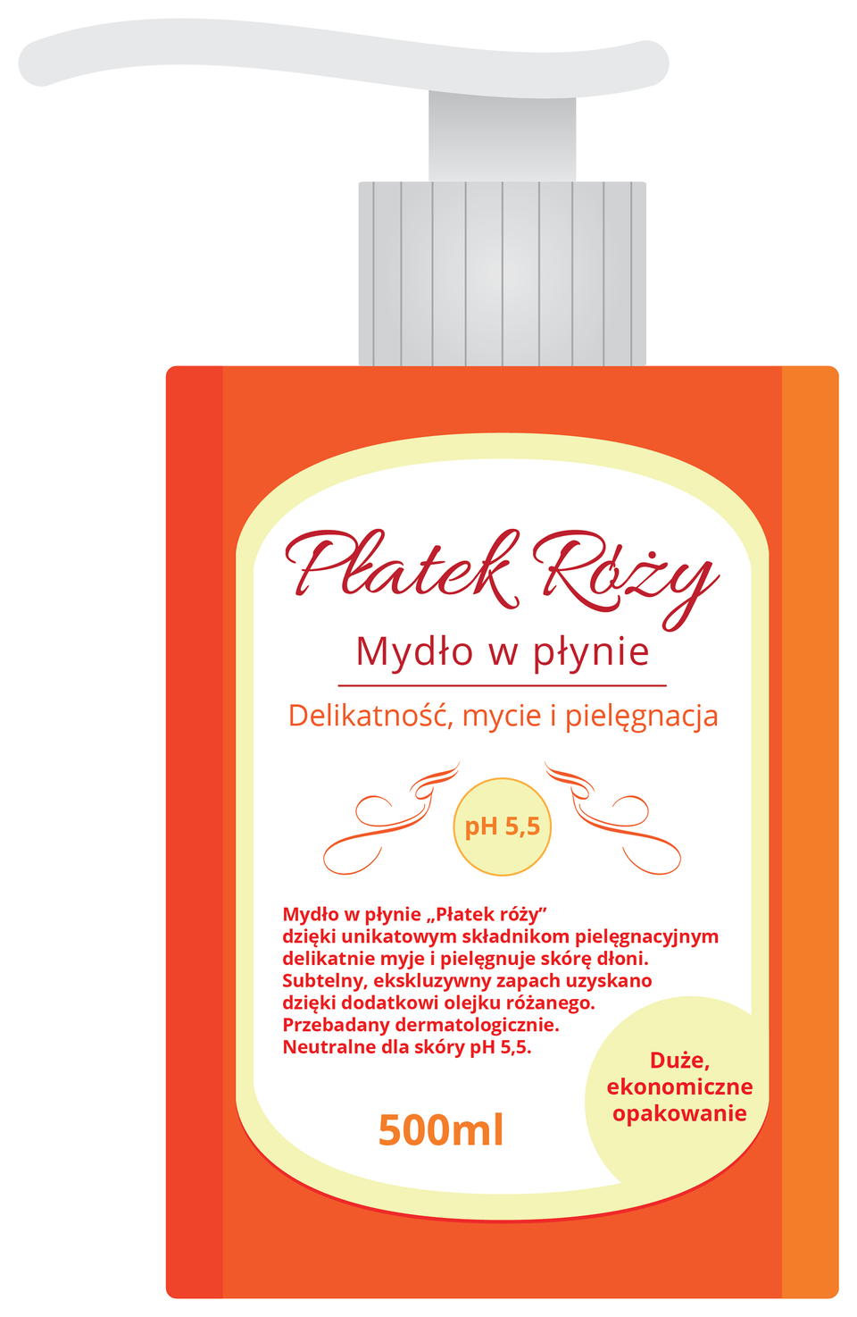 Ilustracja przedstawia pomarańczową butelkę z szarą pompką zawierającą mydło w płynie. Na białej etykiecie z żółtym obramowaniem znajduje się nazwa oraz opis produktu, kolejno od góry: „Płatek róży. Mydło w płynie. Delikatność, mycie, pielęgnacja. pH pięć i pięć dziesiątych. Mydło w płynie „Płatek róży" dzięki unikatowym składnikom pielęgnacyjnym delikatnie myje i pielęgnuje skórę dłoni. Subtelny ekskluzywny zapach uzyskano dzięki dodatkowi olejku różanego. Przebadany dermatologicznie. Neutralne dla skóry pH pięć i pięć dziesiątych. Duże, ekonomiczne opakowanie. Pięćset mililitrów."