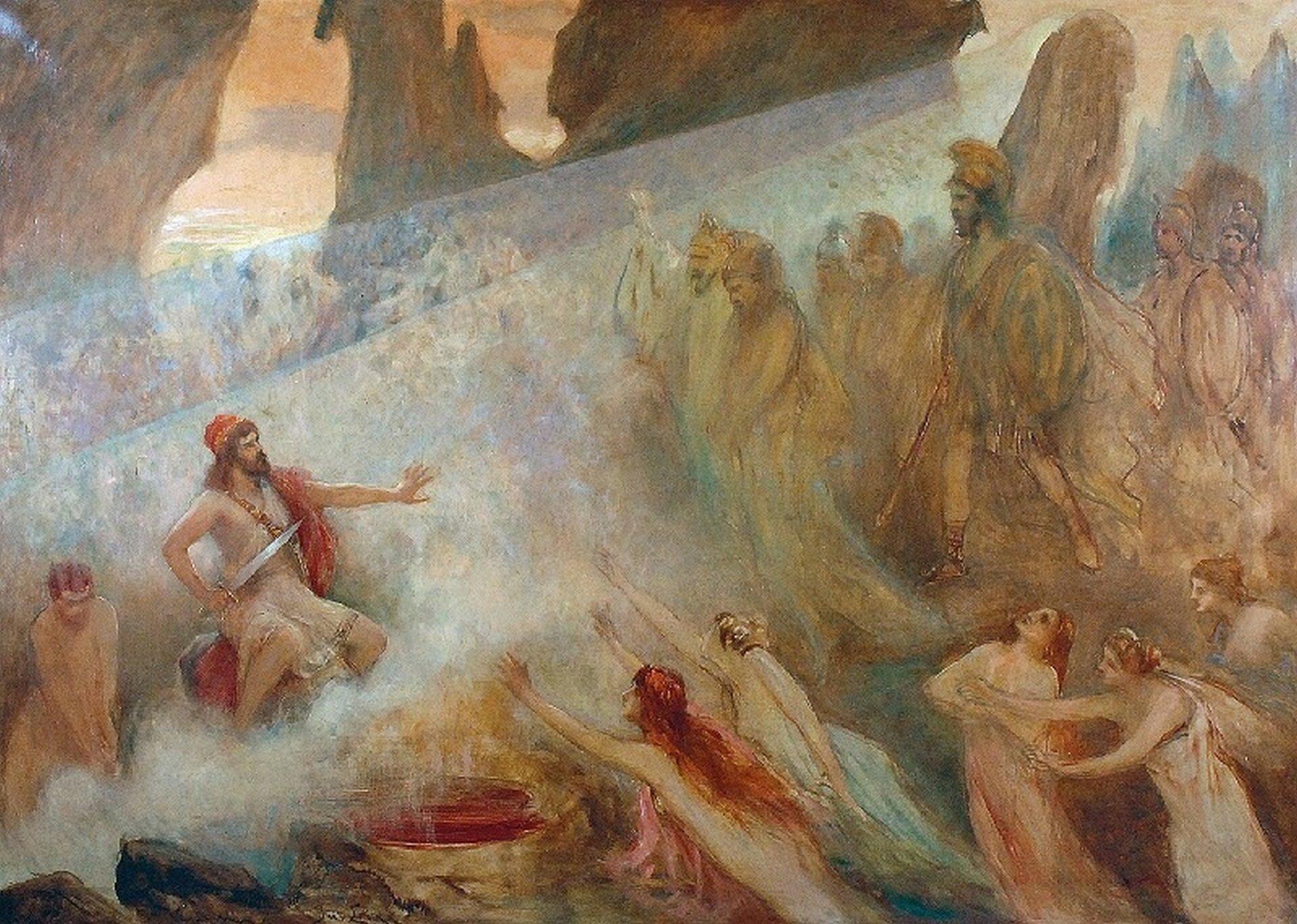 Ilustracja przedstawia obraz „Scena z Odysei”. W lewej części obrazu widać mężczyznę siedzącego na kamieniu. Trzyma w prawej dłoni miecz uniesiony ku górze. Lewą rękę ma wyciągniętą do przodu. Ma brodę i czerwone nakrycie głowy, spod którego wystają długie brązowe włosy. Na lewym ramieniu wisi czerwona peleryna. Od środka obrazu ku jego lewej stronie widać stojących mężczyzn - żołnierzy z tarczami i włóczniami. Postacie nie są wyraźne. U dołu obrazu widać kobiety. Trzy z nich wyciągają ręce w kierunku mężczyzny siedzącego na kamieniu. U góry obrazu w tle widać skały.