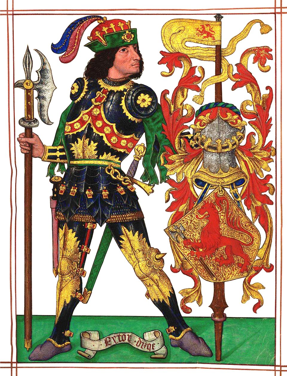 Rysunek przedstawia rycerza w okazałej, zdobionej zbroi. Rycerz na głowie ma czapkę z pióropuszem, w prawej ręce trzyma podparty o ziemię topór, w lewej oparty o ziemię proporzec z zawieszoną tarczą z herbem. U boku ma przewieszony miecz. 