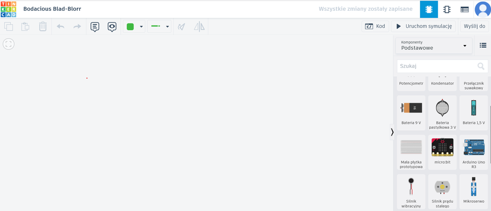Zrzut ekranu przedstawia środowisko projektowania obwodów w Tinkercad. Po lewej stronie znajduje się duża, pusta przestrzeń robocza o jasnoszarym tle. W prawym panelu wyświetlona jest lista podstawowych komponentów elektronicznych, obejmująca m.in.: baterię 9V, baterię pastylkową 3V, baterię 1,5V, potencjometr, kondensator, przełącznik suwakowy, mikrobit, płytkę Arduino Uno R3, małą płytkę prototypową, silnik wibracyjny, silnik prądu stałego i mikrosilnik. Na górze ekranu wyświetlana jest nazwa projektu „Bodacious Blad‑Blorr” oraz pasek narzędzi z ikonami do wykonywania podstawowych operacji, uruchamiania symulacji i wyświetlania kodu. 