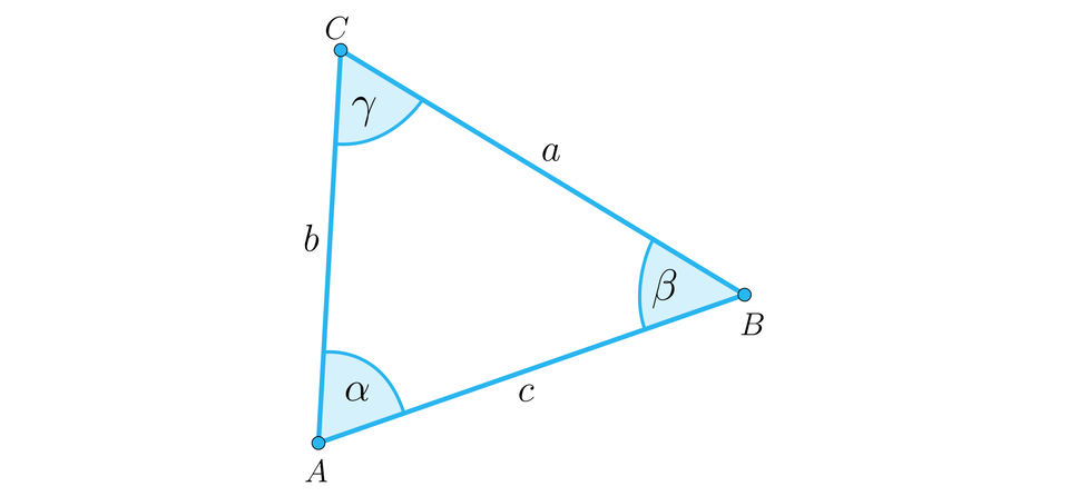 Ilustracja przedstawia trójkąt A B C o kątach wewnętrznych przy wierzchołku A kąt alfa, przy wierzchołku B kąt beta, a przy wierzchołku C kąt gamma. Ramię A B ma długość c, ramię B C ma długość a,  ramię A C ma długość b. 