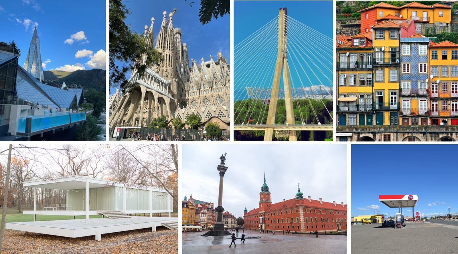 Ilustracja składa się z 7 mniejszych fotografii, ukazujących różne przykłady architektury: na górze od lewej: budynek miejski, kościół, most, domy; na dole od lewej: dom letniskowy, pałac, stacja benzynowa.