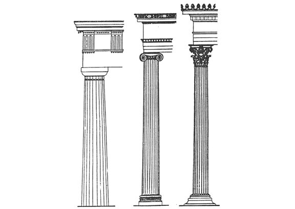 na rysunku przedsatwione zostały 3 kolumny właściwe dla porządków kolejno: doryckiego, jońskiego i korynckiego.