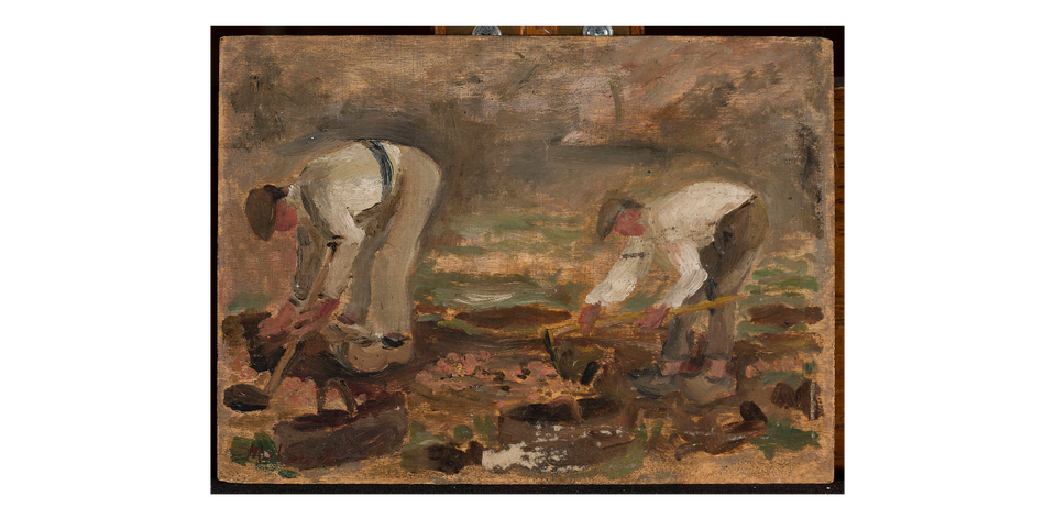 Na obrazie dwoje ludzi pochylonych nad ziemią, zajętych pracą. Obie postacie mają na sobie jasne koszule i ciemniejsze spodnie, a ich głowy są nakryte czapkami lub chustami. Zbierają coś w polu lub kopią. Obok nich stoją kosze, za nimi widać zieloną roślinność.