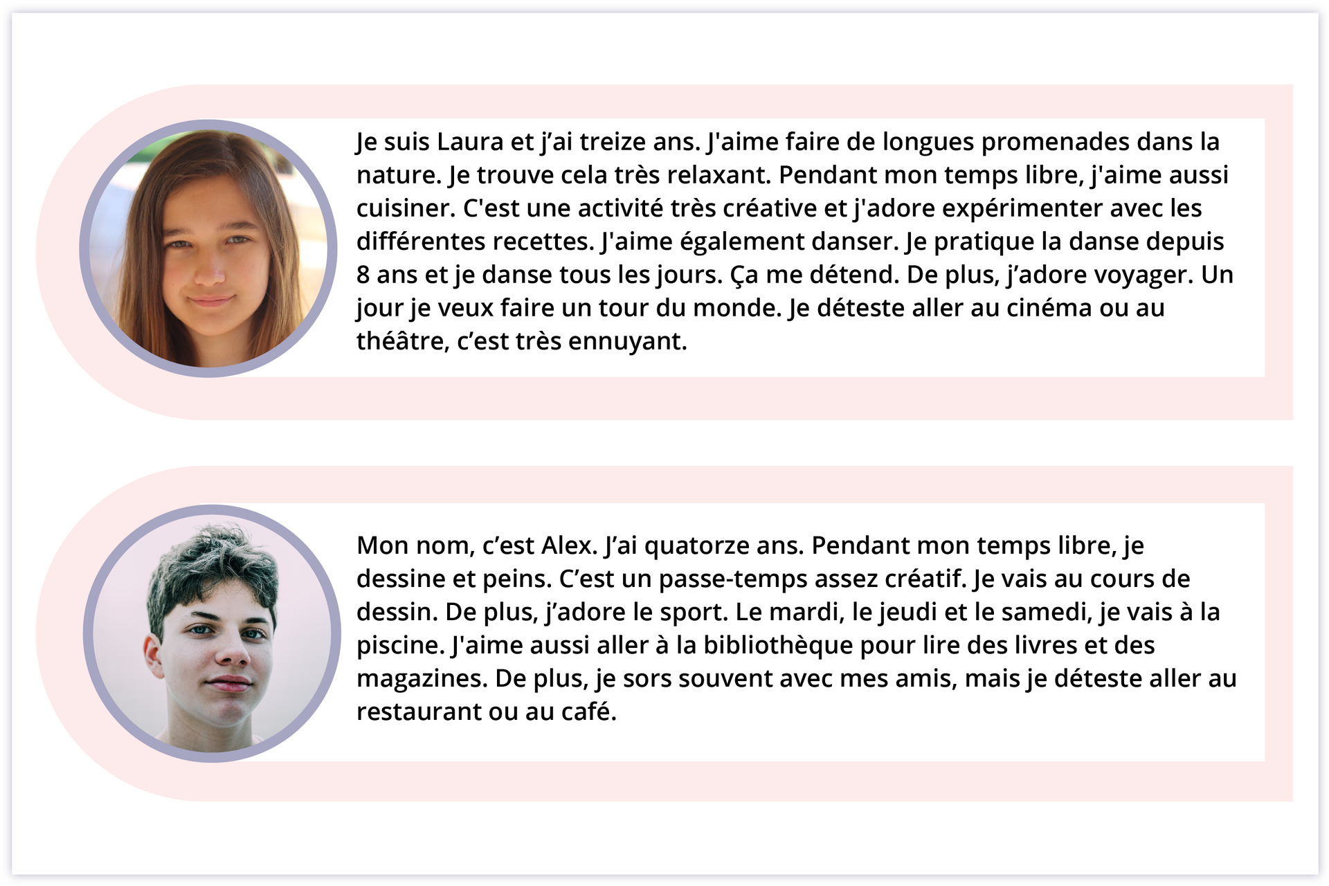 Ilustracja przedstawia wypowiedzi dwóch młodych ludzi. Pierwsza z nich to dziewczyna, druga z tych osób, to chłopak. Transkrypcja ich wypowiedzi została zamieszczona poniżej.