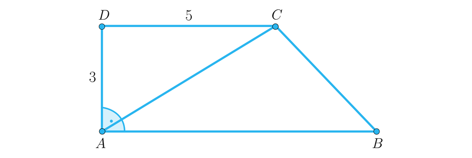 Na ilustracji przedstawiono trapez prostokątny A B C D, z kątem prostym przy wierzchołku A. Górna podstawa D C ma długość 5, natomiast bok A D jest równy trzy. Zaznaczono przekątną A C trapezu. 