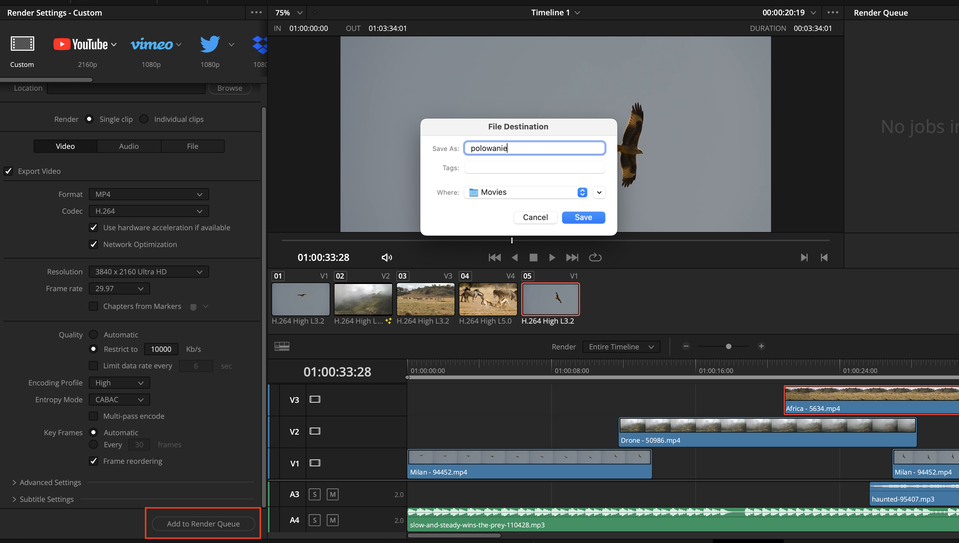 Ilustracja przedstawia otwarty program DaVinci Resolve. Po lewej stronie znajduje się okno, w którym wybrane są następujące opcje. U góry wybrano opcje Render, poniżej Video, Format MP4, Codec H.264, w opcji Quality wybrano opcję Restrict to oraz wybrano liczbę 10000, w opcji key frames wybrano Automatic<span> oraz Frame recordering. Na dole okna zaznaczono opcje Add to Render Queue. Po prawej stronie od okna znajdują się ścieżki do montażu oraz podgląd wideo. Na środku ekranu znajduje się okno zatytułowane File Destination, w którym w opcji Save As wpisano słowo polowanie, poniżej na niebiesko zaznaczono opcję Save. 
