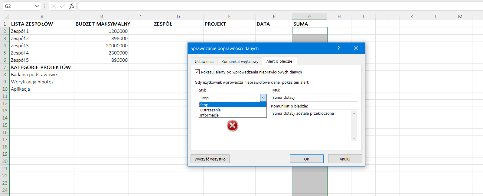 Ilustracja przedstawia arkusz kalkulacyjny. W komórce A1 jest napis: Lista zespołów, w A7 Kategorie projektów, w B1 Budżet maksymalny, w D1 Zespół, w E1 Projekt, w F1 Data, w G1 Suma. Tam, gdzie Zespół, Projekt, Data, Suma komórki kolumn są puste. Komórki kolumny G, czyli Sumy, są zaznaczone na szaro, całość otoczono zieloną ramką. Na tle arkusza wyświetla się okno dialogowe o nazwie: Sprawdzanie poprawności danych. Tam otwarta zakładka o nazwie: Alert o błędzie. W Stylu zaznaczono Stop. W Tytule jest Suma dotacji, w Komunikacie o błędzie - Suma dotacji została przekroczona. Poniżej okna Styl znajduje się czerwone koło z białym krzyżykiem. Zastosowano przycisk OK.  