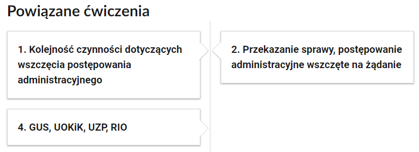 Widok przykładowego przycisku powiązanych ćwiczeń. Widać trzy ramki. Dwie są w pierwszym rzędzie, trzecia poniżej. Widoczne są tytuły i rodzaje zadań. Zadania wyświetla się po kliknięciu na ramkę.