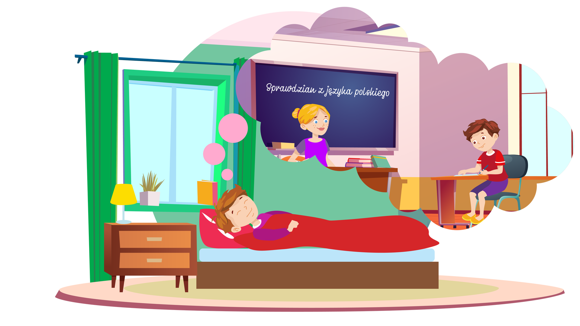 Ilustracja przedstawia pokój, w którym po lewej stronie zielonej ściany jest okno w zielonej ramie. Nad oknem wisi granatowy karnisz z dwiema zielonymi zasłonami. Na parapecie stoi zielona roślina w białej donicy oraz książka w pomarańczowej okładce. Na środku pomieszczenia leży duży, okrągły, jasnozielono‑beżowy dywan. Po lewej stronie stoi na nim niska brązowa szafka z dwiema jasnobrązowymi szufladami. Na szafce znajduje się niewielka żółta lampka. W centralnej części ilustracji jest brązowe łóżko z błękitnym prześcieradłem, ciemnoróżową poduszką i czerwoną kołdrą. W łóżku śpi w fioletowej piżamie brązowowłosy chłopiec. Nad jego głową unosi się dymek ze scenką, która mu się śni. Opis scenki. Klasa szkolna. W tle widać jasnofioletową ścianę, na której wisi prostokątna czarna tablica. Jest na niej biały napis: „Sprawdzian z języka polskiego”. Na półce pod tablicą leży żółta gąbka. Przed tablicą stoi brązowe biurko, przy którym siedzi na krześle nauczycielka. Ma blond włosy upięte w kok, jest ubrana w fioletową bluzkę z krótkimi rękawami. Na biurku leżą trzy książki. W ścianie widocznej po prawej stronie jest duże okno. Stoi przy nim mała brązowa ławka z ciemnoszarym krzesłem. Na krześle siedzi brązowowłosy chłopiec ubrany w czerwoną koszulkę z krótkimi rękawami, krótkie ciemnofioletowe spodnie i pomarańczowe buty z żółtymi podeszwami. Patrzy na leżącą na ławce kartkę, na której pisze coś długopisem. Na chłopca patrzy siedząca przy biurku nauczycielka.