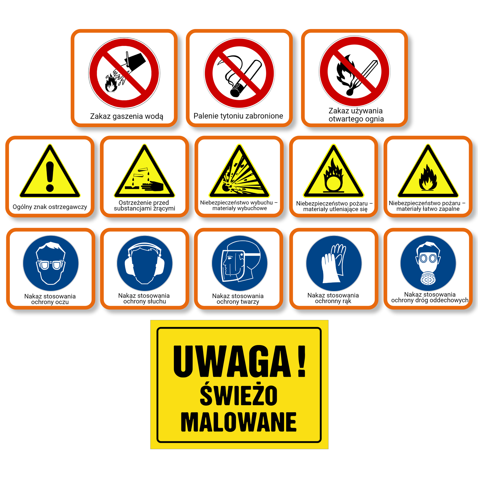 Plansza ze znakami bezpieczeństwa z zakresu BHP. W pierwszej linijce znaki zakazu. Okrągłe z czerwoną obwódką przekreślone. Kolejno: zakaz gaszenia wodą, zakaz palenia tytoniu oraz zakaz używania otwartego okna.
W drugiej linijce znaki ostrzegawcze. Żółte trójkąty z czarną obwódką. Kolejno: ogólny znak ostrzegawczy z wykrzyknikiem, ostrzeżenie przed substancjami żrącymi, niebezpieczeństwo wybuchu - materiały wybuchowe, niebezpieczeństwo pożaru - materiały utleniające się, niebezpieczeństwo pożaru - materiały łatwo zapalne. W trzeciej linijce znaki nakazu. Okrągłe, niebieskie. Kolejno: nakaz stosowania ochrony oczu, nakaz stosowania ochrony ruchu, nakaz stosowania ochrony twarzy, nakaz stosowania ochrony rąk i nakaz stosowania ochrony dróg oddechowych. Na samym dole na środku znak ostrzegawczy. Żółta tabliczka uwaga świeżo malowane.
