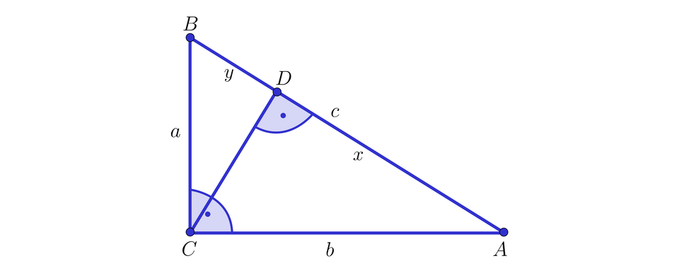 Na ilustracji przedstawiono trójkąt A B C z kątem prostym przy wierzchołku C. Przyprostokątną B C oznaczono małą literą a. Przyprostokątną A C oznaczono małą literą b, natomiast przeciwprostokątną A B oznaczono literą c. Z wierzchołka C opuszczono wysokość do punktu D, leżącego na przeciwprostokątnej.