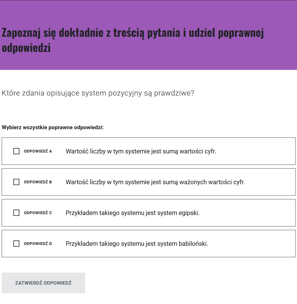 Grafika przedstawia przykładowe ćwiczenie w grze. Na górze znajduje się polecenie, niżej odpowiedzi, spośród których należy wybrać właściwe. Na dole widoczny jest przycisk "Zatwierdź odpowiedź".