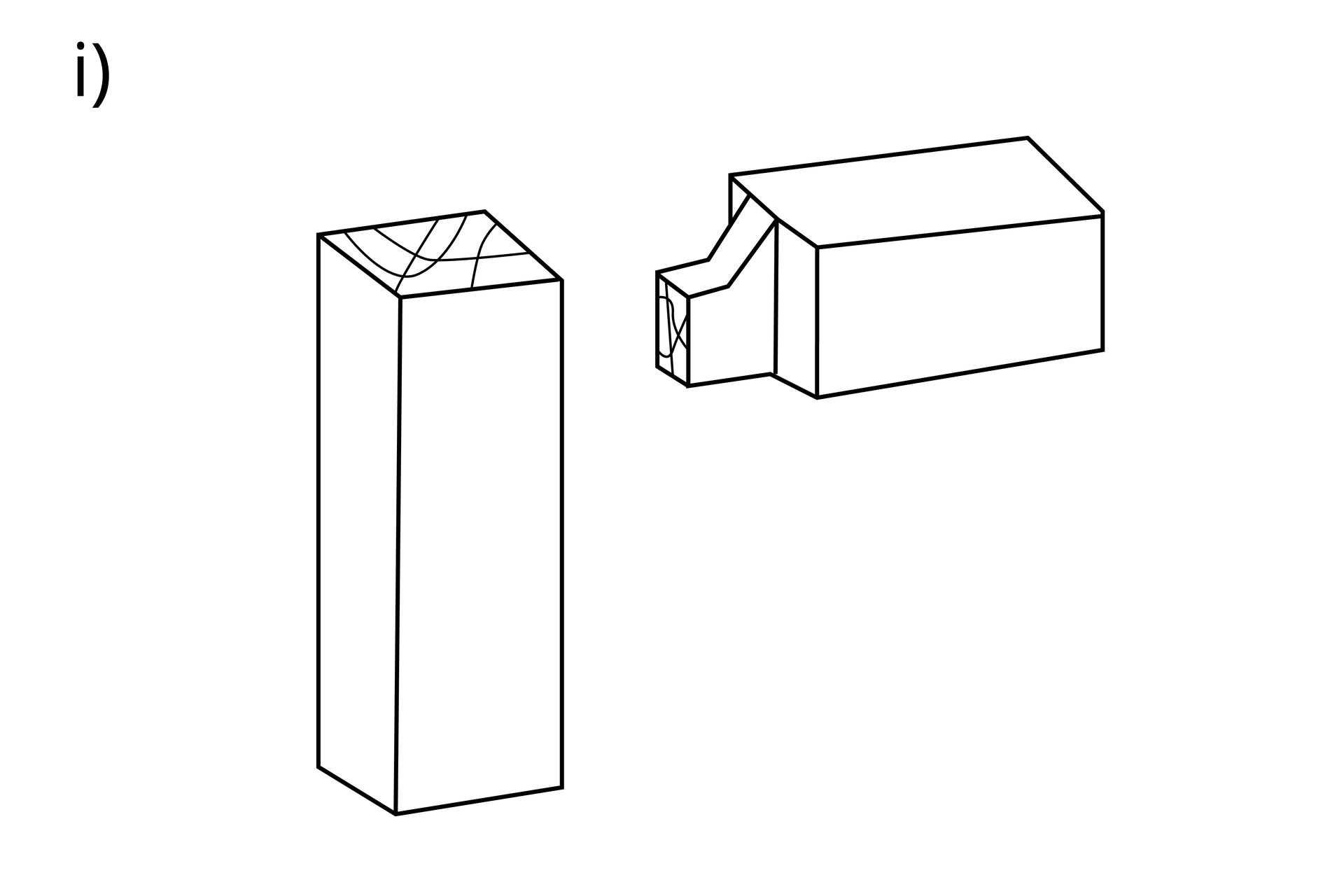 Grafika ukazuje złącze czopowe pojedyncze odsadzone. Elementy łączą się pod kątem prostym. W jednym wycięty jest czop o kształcie ściętym pod kątem, przez co od połowy czop ma mniejszy przekrój niż przy czole elementu.