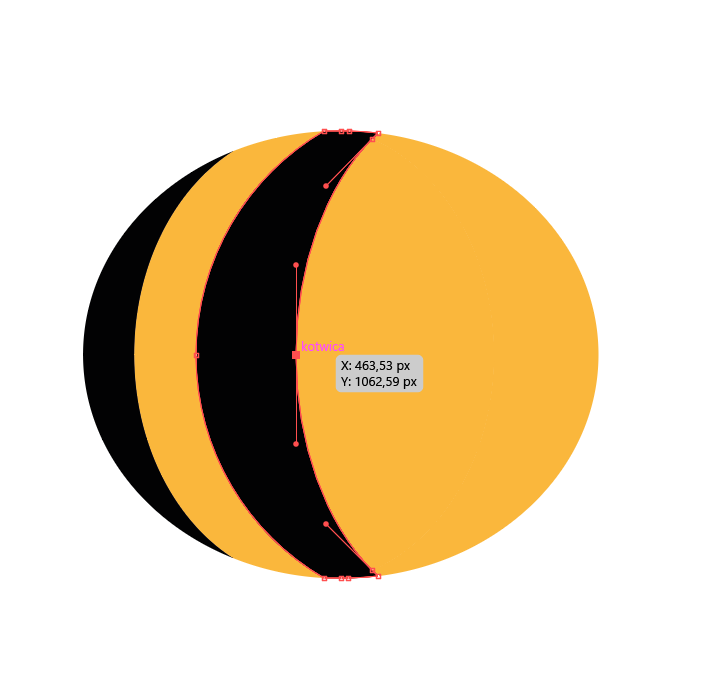 Ilustracja przedstawia żółtą elipsę z jednym czarnym półksiężycem dopasowanym z lewej strony oraz drugim, nałożonym na elipsę na jej środku. Na krawędziach drugiego półksiężyca widać czerwone linie i odcinki z elementami sterującymi zmianami ich kształtów. Na środku większy punkt jest podpisany jako "kotwica", a obok jest dymek z jej współrzędnymi.