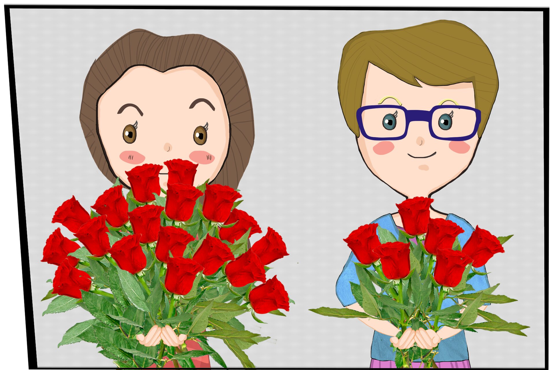 Rysunek dwóch dziewczynek. Każda trzyma w rękach bukiet róż.