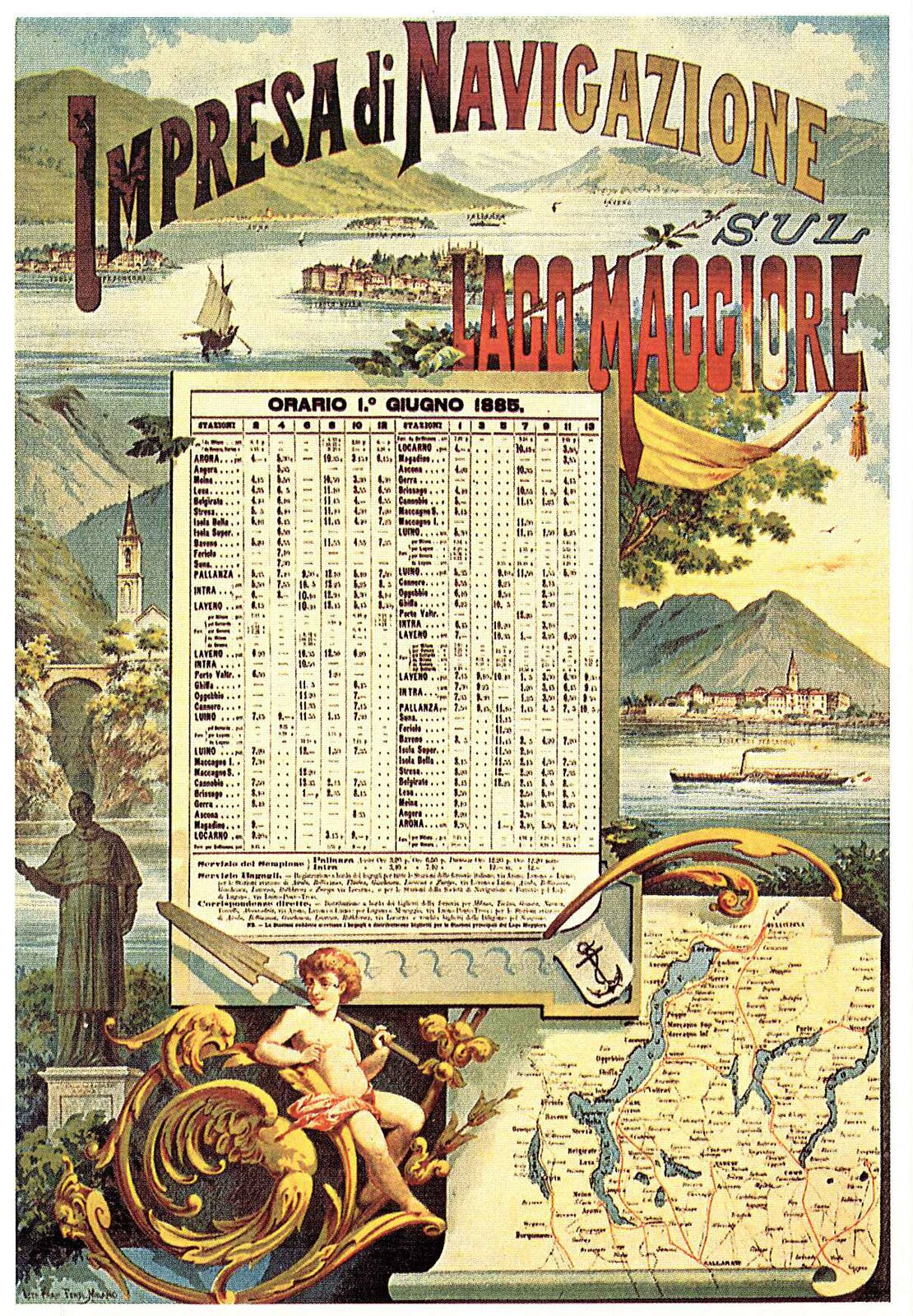 Na plakacie z fragmentem jeziora, kościołem, budynkami, amorkiem i figurą dwa plany. Jeden przedstawia rozkład rejsów - miejsca i godziny, a drugi to mapa jeziora z zaznaczonymi trasami, po których pływają promy.