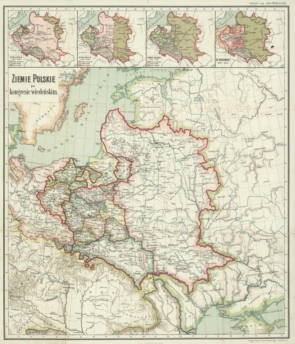 Ilustracja przedstawia mapę ziem Polski po kongresie wiedeńskim. Terytorium jest bardzo rozległe, sięga od Morza Bałtyckiego na północy, prawie do Morza Czarnego na południu Ma oznaczone różnej wielkości obszary.