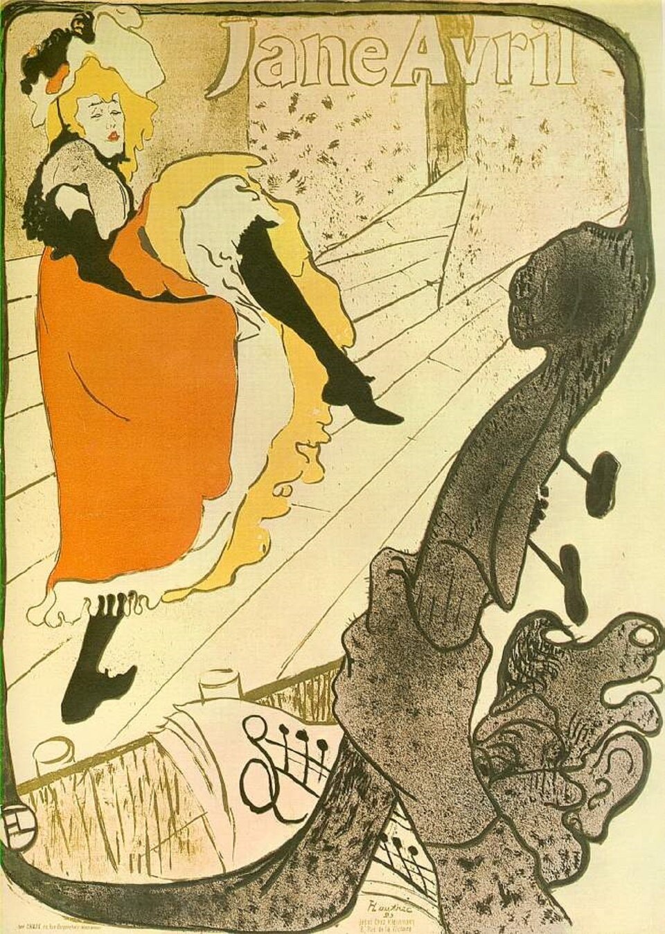 Ilustracja przedstawia plakat „Trupa Mademoiselle Eglantine” autorstwa Henri de Toulouse‑Lautrec. Plakat ukazuje kobietę zadzierającą nogi na scenie. Kobieta ubrana jest w biało‑czarny kapelusz oraz czerwoną suknie. U góry plakatu widnieje napis „Jane Avril”.