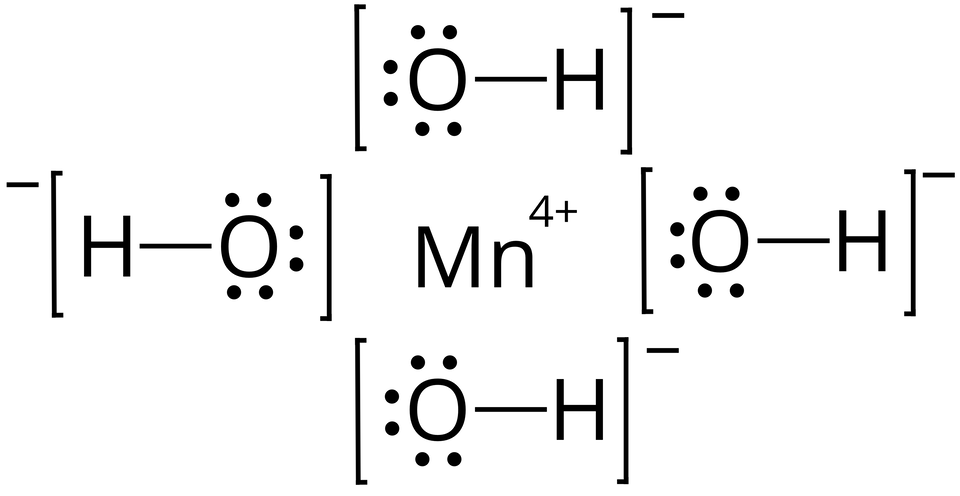 Ilustracja przedstawiająca wzór strukturalny wodorotlenku manganu(cztery) zbudowany z kationu manganu na czwartym stopniu utlenienia M n indeks górny, cztery, plus, koniec indeksu górnego oraz czterech anionów hydroksylowych, które go otaczają z czterech stron. Aniony przedstawione zostały następująco: atom wodoru połączony z atomem tlenu posiadającym trzy pary elektronowe, w sumie zaznaczone jako sześć kropek. Atomy te znajdują się w nawiasie kwadratowym, względem którego w indeksie górnym jest znak minus.