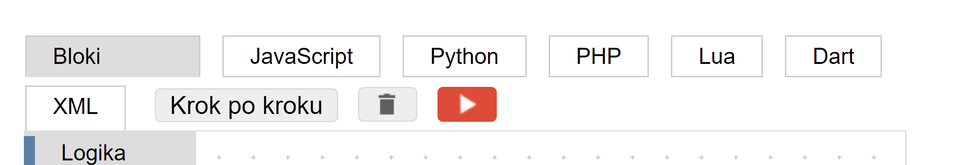 Grafika przedstawia interfejs komponentu do wprowadzania kodu źródłowego. Widoczne są przyciski pozwalające wybrać języki programowania takie jak: Bloki, JavaScript, Python, PHP, Lua, Dart, XML oraz przyciski Krok po kroku, kosz i start. 