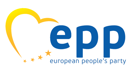 Ilustracja przedstawiająca logo partii politycznej. Tworzą je litery EPP i symbol serca ułożonego z linii i czterech gwiazdek. U dołu napis  european people's party .