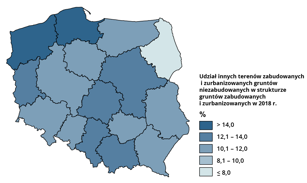 Mapa Polski przedstawia udział innych terenów zabudowanych i zurbanizowanych gruntów niezabudowanych. Powyżej 14% wystąpiło w województwie zachodniopomorskim i pomorskim. Od 12,1 do 14% wystąpiło w województwie lubuskim, mazowieckim, łódzkim, śląskim i małopolskim. Od 10,1 do 12% wystąpiło w województwie warmińsko‑mazurskim, kujawsko‑pomorskim, wielkopolskim, dolnośląskim, opolskim, świętokrzyskim, podkarpackim i lubelskim. Poniżej 8% wystąpiło w województwie podlaskim.