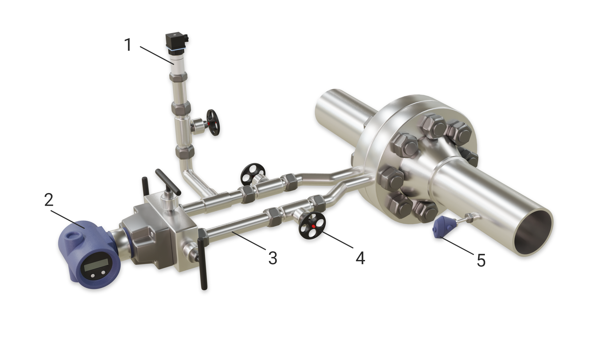 Manometr różnicowy na odcinku pomiarowym: 1 - przetwornik ciśnienia, 2 - manometr różnicowy elektroniczny, 3 - przewód impulcowy, 4 - zaworek iglicowy, 5 - przetwornik temperatury.