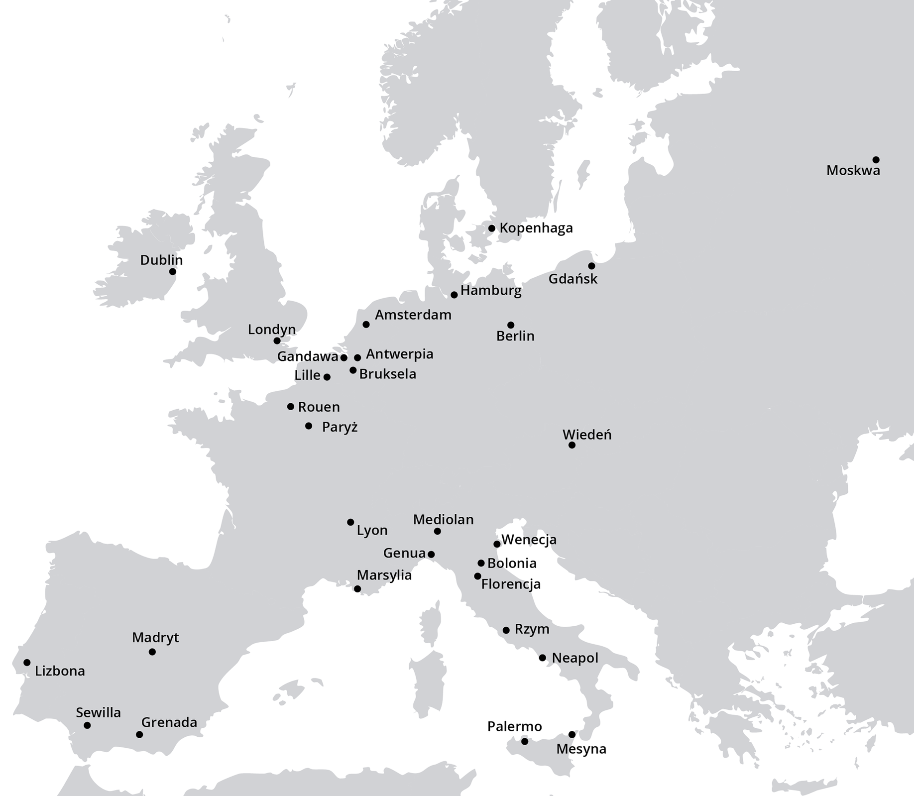 Na mapie oznaczono miasta Europy. W wielkiej Brytanii: Dublin, Londyn. W Danii: Kopenhaga. W Polsce: Gdańsk. W Rosji: Moskwa. W Niemczech: Hamburg, Berlin. W Austrii Wiedeń. W Holandii: Amsterdam. W Belgii Antwerpia, Bruksela, Gandawa. We Francji Paryż, Rouen, Lille, Lyon, Maryslia, Genua. We Włoszech: Mediolan, Wenecja, Bolonia, Florencja, Rzym, Neapol, Mesyna, Palermo. Hiszpanii Madryt, Sewilla, Granada. W Portugalii Lizbona.