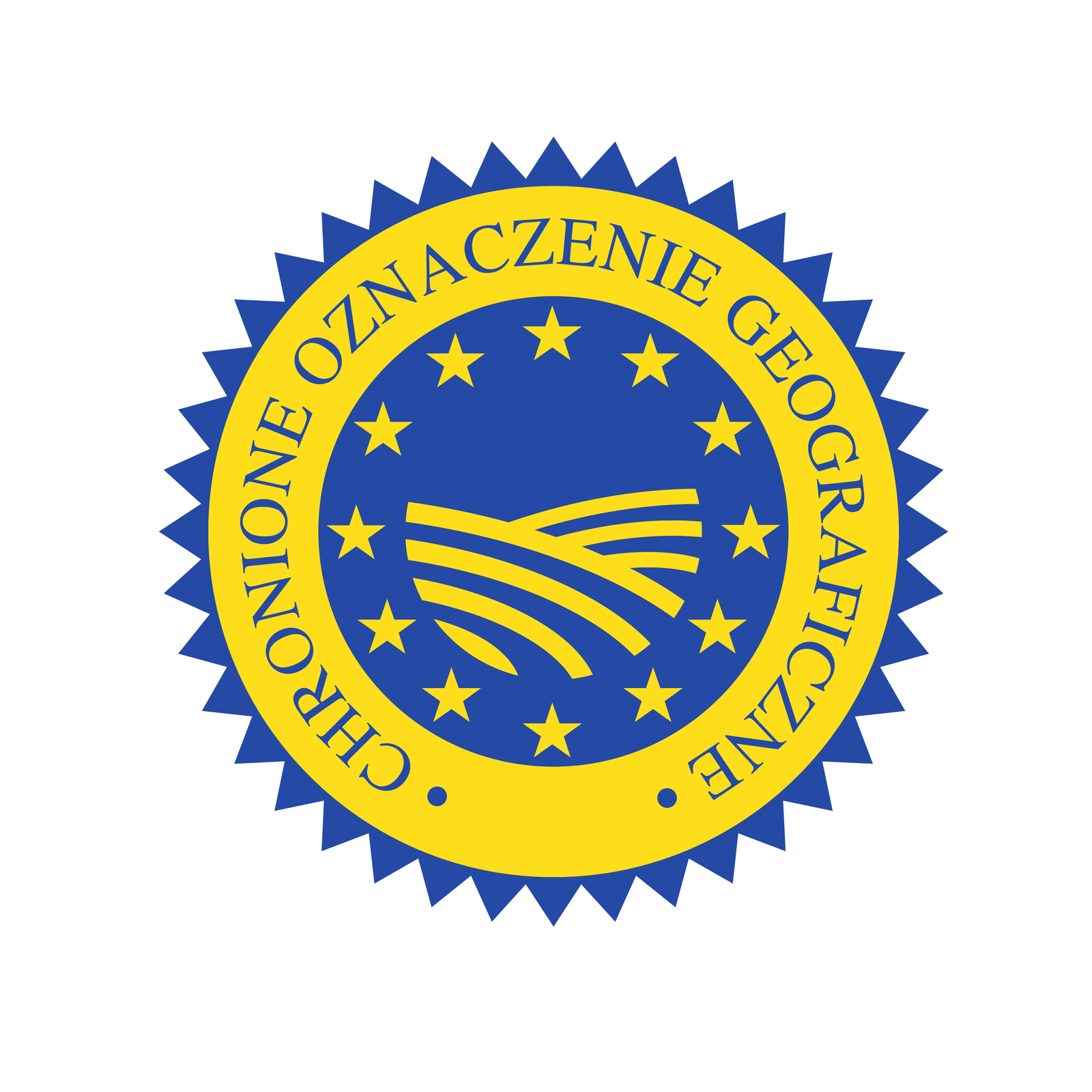 Grafika przedstawiająca znak „Chronione oznaczenie geograficzne”. Znak ten ma kształt okręgu, na którego obwodzie umieszczone błękitne trójkąty. Przypominają one promienie słoneczne. Wnętrze znaku to błękitny okrąg otoczony złotą obwódką. Centralna część znaku przypomina flagę Unii Europejskiej, ponieważ na tle błękitnego okręgu umieszczono dwanaście złotych gwiazd. Na tle złotej obwódki umieszczono natomiast napis: Chronione oznaczenie geograficzne.