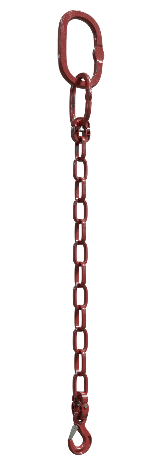 Na zdjęciu przedstawione jest zawiesie łańcuchowe jednocięgnowe zakończone z jednej strony hakiem z zabezpieczeniem, z drugiej strony uchem do podwieszania na haku dźwigu.Podstawą zawiesia jest łańcuch oczkowy. Górna część łańcucha jest przymocowana do zbiorczego dużego ogniwa. W dolnej części zawiesie jest zakończone hakiem. Hak wyposażony jest w zapadkę zamykającą ucho.