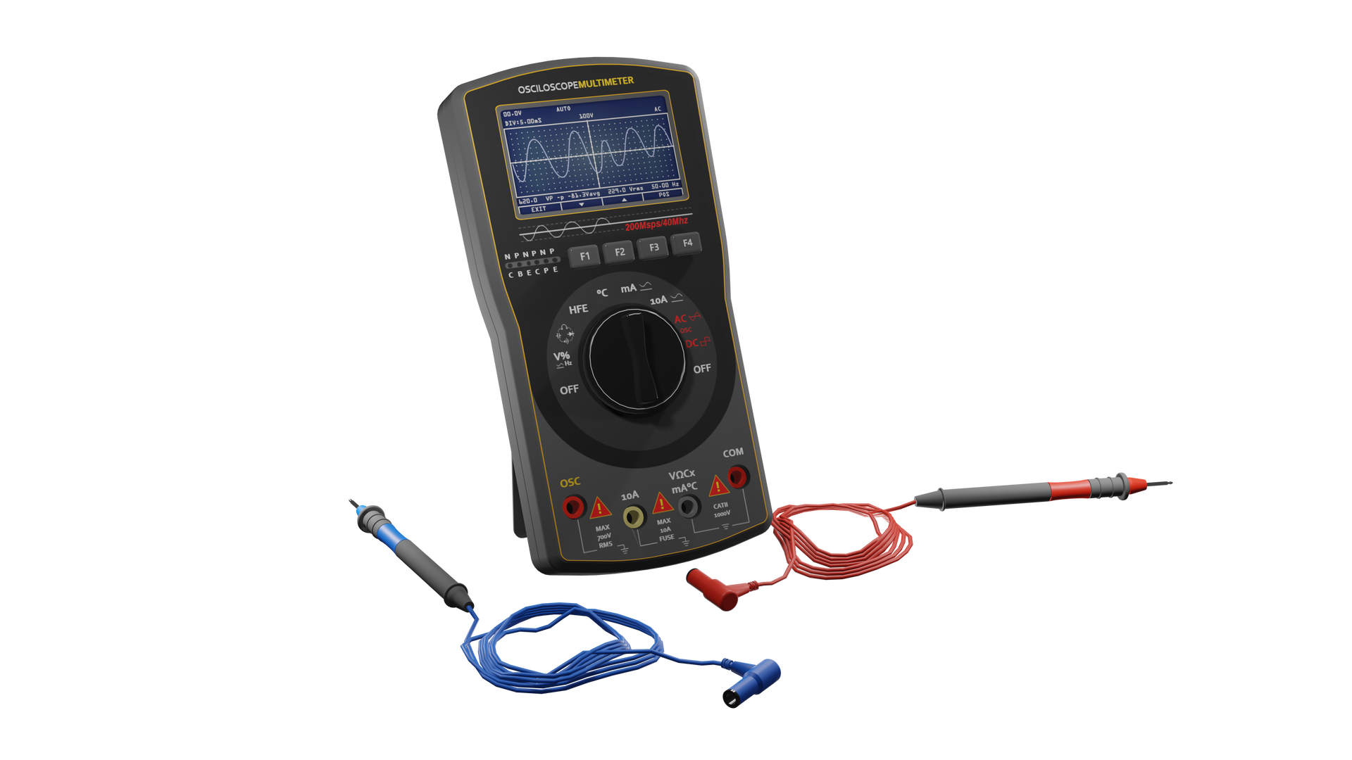 Na grafice przedstawiono multimetr. W skład jego budowy wchodzą: wyświetlacz, wyłącznik zasilania, skala pomiarów oraz przełącznik funkcji i zakresów. Posiada cztery gniazda pomiarowe. Obok leżą dwa kable.