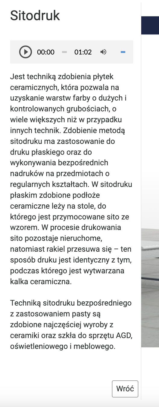 Ilustracja przedstawia kliknięty interaktywny znacznik planszy. Wyświetlona jest treść dotycząca sitodruku, która czytana jest przez lektora.