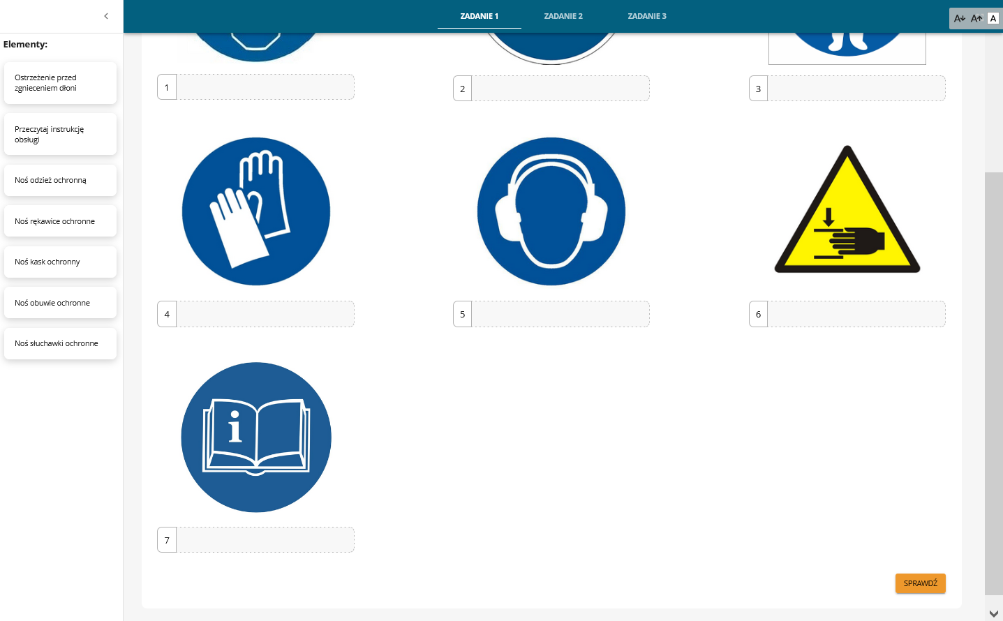 Ilustracja przedstawia okno programu ćwiczeniowego. Na górze znajduje się pasek z zakładkami, dzięki któremu można przemieszczać się między zadaniami. Poniżej widoczne jest polecenie, a po prawej stronie od niego przycisk opisany Model 3D. W centralnym punkcie znajduje się plansza, na którą należy przeciągnąć, umieszczone po lewej stronie okna programu, elementy. Na dole znajduje się przycisk Sprawdź.