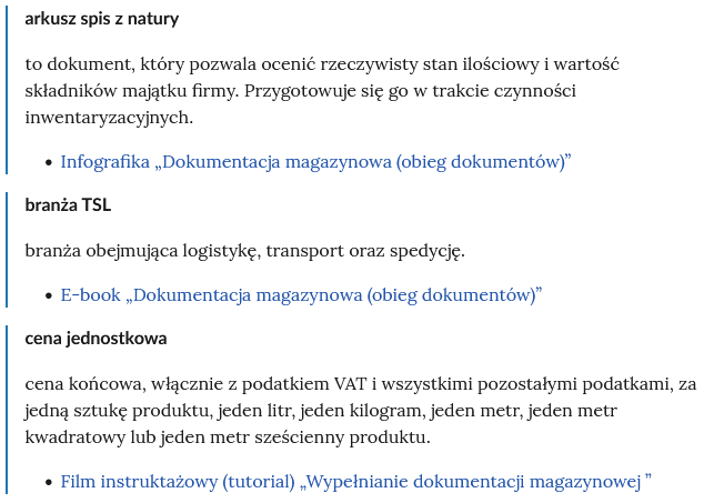 Zrzut ekranu przedstawia kilka pojęć ze Słownika. Konstrukcja jest następująca: pojęcie, poniżej jego wyjaśnienie, a pod nim znajduje się link, po którego kliknięciu użytkownik przenosi się do rozdziału w tym materiale, w którym dane pojęcie jest wykorzystywane. Linków może być jeden lub kilka, w zależności od tego, w ilu rozdziałach użyto pojęcia.